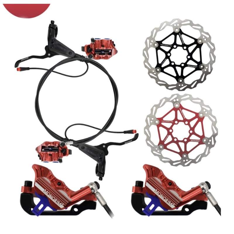 Kit completo frenos hidraúlicos Monorim EB01 de 4 pistones - manetas, pinzas, cable y disco de freno Monorim - 1